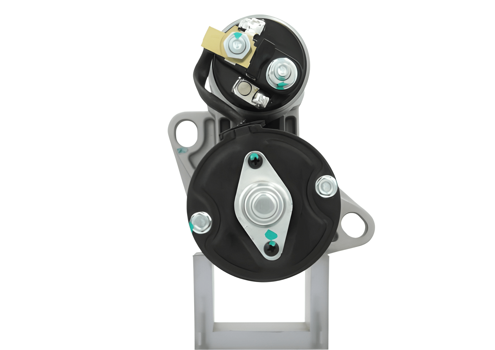 back view of A new 12V aftermarket starter motor 1.1KW with 9 teeth designed for a Perkins engine, featuring a silver body with mounting brackets and electrical connectors.