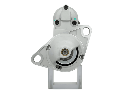 front view of A new 12V aftermarket starter motor 1.1KW with 9 teeth designed for a Perkins engine, featuring a silver body with mounting brackets and electrical connectors.