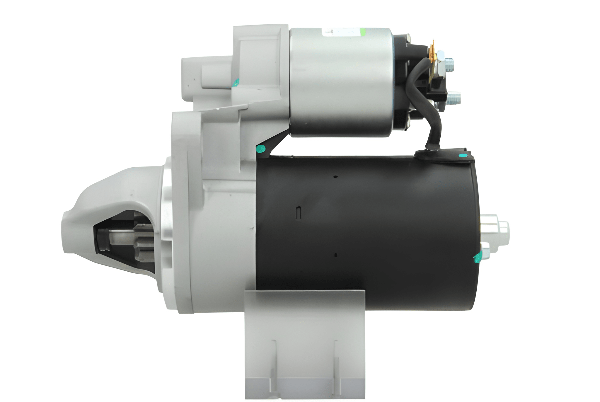 side view of A new 12V aftermarket starter motor 1.1KW with 9 teeth designed for a Perkins engine, featuring a silver body with mounting brackets and electrical connectors.