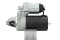 side view of A new 12V aftermarket starter motor 1.1KW with 9 teeth designed for a Perkins engine, featuring a silver body with mounting brackets and electrical connectors.