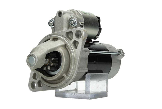A 12V Yanmar 1.1KW starter motor for vehicles, displaying metal components and wiring.
