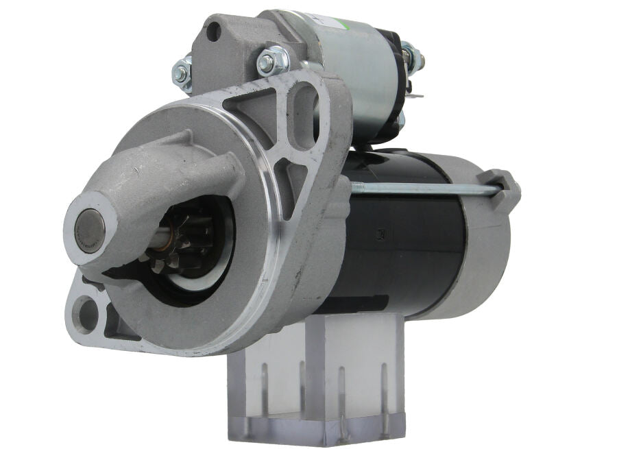 A new 12V 9 teeth 1.1KW starter motor for vehicles, predominantly metal with a gray finish, including mounting brackets and electrical terminals.