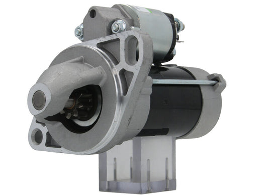 A new 12V 9 teeth 1.1KW starter motor for vehicles, predominantly metal with a gray finish, including mounting brackets and electrical terminals.