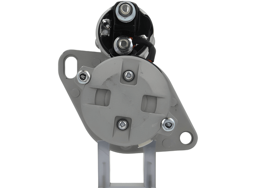 back view of A new 12V 9 teeth 1.1KW starter motor for vehicles, predominantly metal with a gray finish, including mounting brackets and electrical terminals.