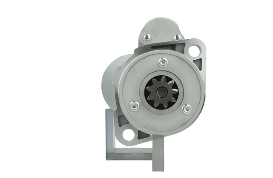 front view of A new 12V Yanmar starter motor with a 2.3 kw power rating, 9 teeth, featuring metal construction with a gray and silver color scheme, including mounting brackets and electrical connectors.