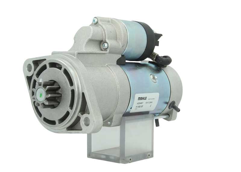 A new 12V Deutz-Fahr Khd 3.2 kw starter with 9 teeth and visible mounting points, wiring, and a metallic body.