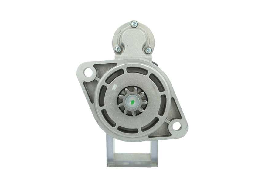 front view of A new 12V Deutz-Fahr Khd 3.2 kw starter with 9 teeth and visible mounting points, wiring, and a metallic body.