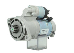 A new 12V Deutz-Fahr Khd 3.2 kw starter with 9 teeth and visible mounting points, wiring, and a metallic body.