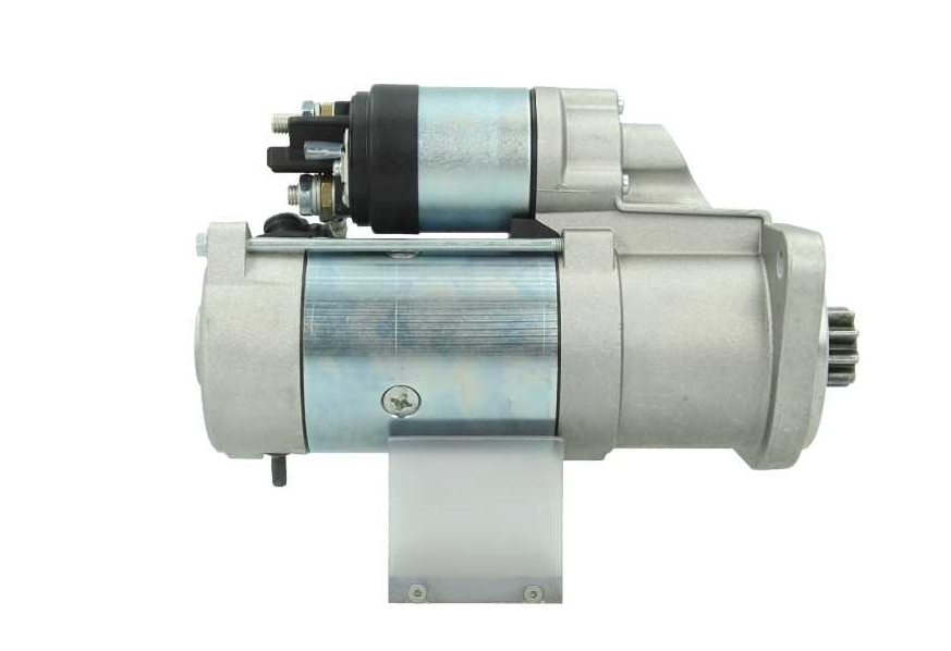 side view of A new 12V Deutz-Fahr Khd 3.2 kw starter with 9 teeth and visible mounting points, wiring, and a metallic body.