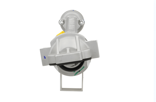 front view of A new 12V aftermarket 2.2KW starter for Ford vehicles, featuring a metallic and plastic construction with a silver and gray color scheme.