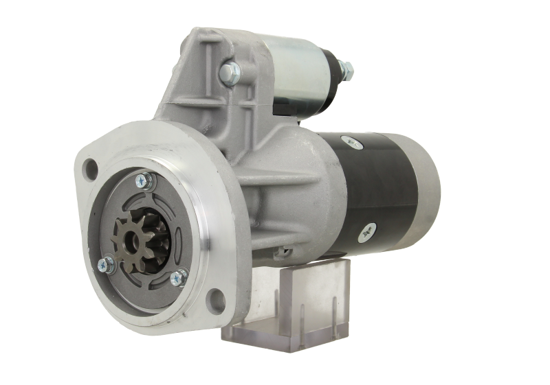 A new 12V Nissan 2.0 kw starter, showing a metal body with wiring and a mounting flange. with 9 teeth