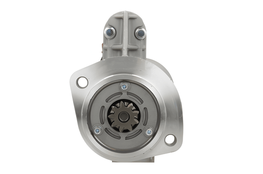 front view of A new 12V Nissan 2.0 kw starter, showing a metal body with wiring and a mounting flange. with 9 teeth