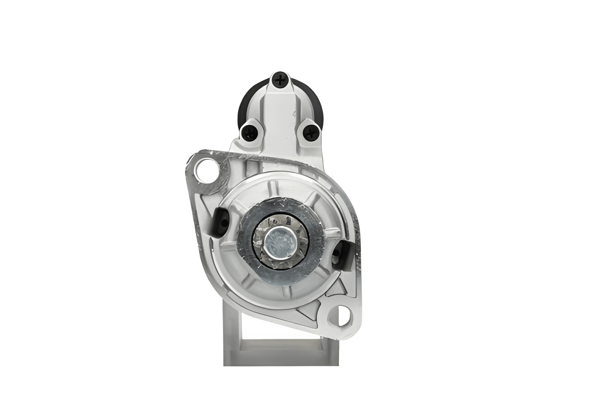 front view of A new 12V starter motor 2.2KW for Volkswagen vehicles, 10teeth, displaying the front left side with a visible gear and electrical connectors.