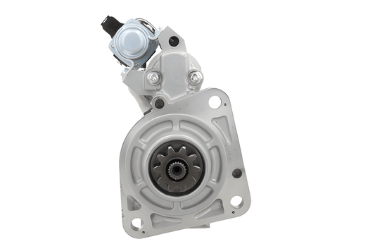front view of A new 24V starter motor for 5KW Volvo  and renault trucks, showing the front left side with a silver and black color scheme.