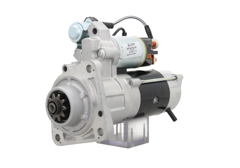 A new 24V starter motor for 5KW Volvo  and renault trucks, showing the front left side with a silver and black color scheme.
