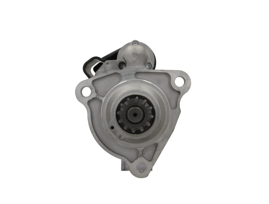 front view of A new 24v starter motor for a mutiple DAF trucks featuring a metallic body with a few mounting parts with a power of 6KW and comes with 12 teeth