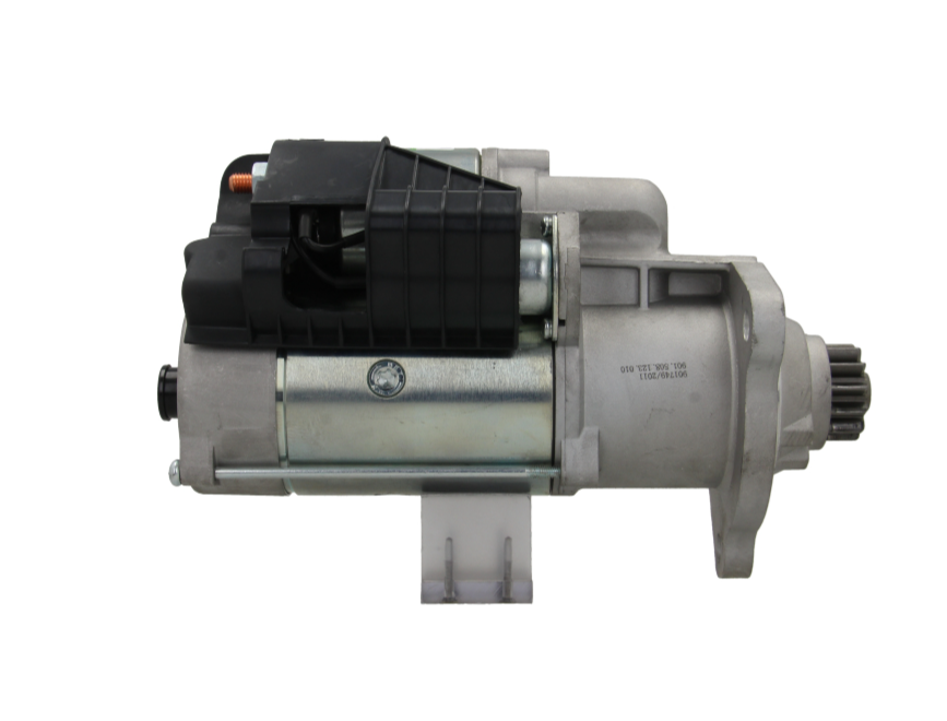 side view of A new 24v starter motor for a mutiple DAF trucks featuring a metallic body with a few mounting parts with a power of 6KW and comes with 12 teeth