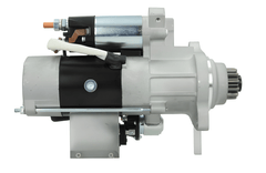 side view of A new 24V starter motor for Volvo and renault trucks, 5.5KW, 12 teeth with a metallic body and electrical connectors.