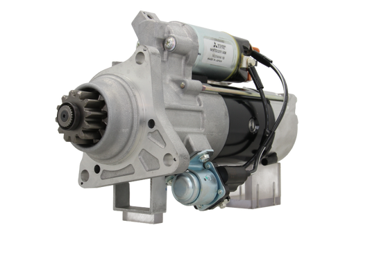 A new 24V 12 teeth starter motor for Volvo and renault trucks, 5.5KW showing the complete unit with wiring and mounting points.