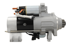 side view of A new 24V 12 teeth starter motor for Volvo and renault trucks, 5.5KW showing the complete unit with wiring and mounting points.