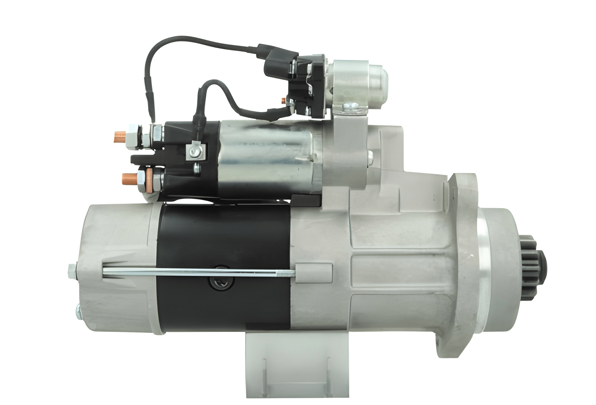 side view of A new 24V starter motor 5.5KW for Mercedes, featuring a metal body with wiring 