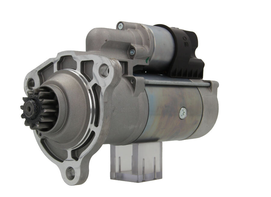 A new 24V 5.5KW starter motor with 12 teeth for Scania trucks, showing a metallic surface with various mounting points and electrical connectors