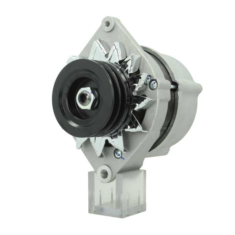 A new 12V, 95A aftermarket alternator with a gray case, black free wheel pulley, and silver mounting hardware.  Fits Case, New Holland, John Deere, JCB vvehicles