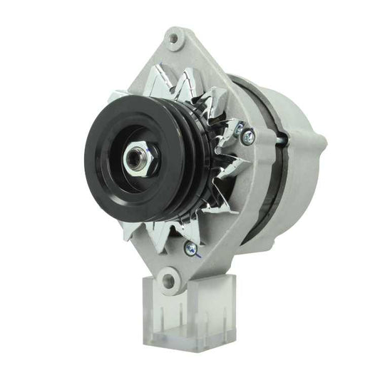 A new 12V, 95A aftermarket alternator with a gray case, black free wheel pulley, and silver mounting hardware.  Fits Case, New Holland, John Deere, JCB vvehicles