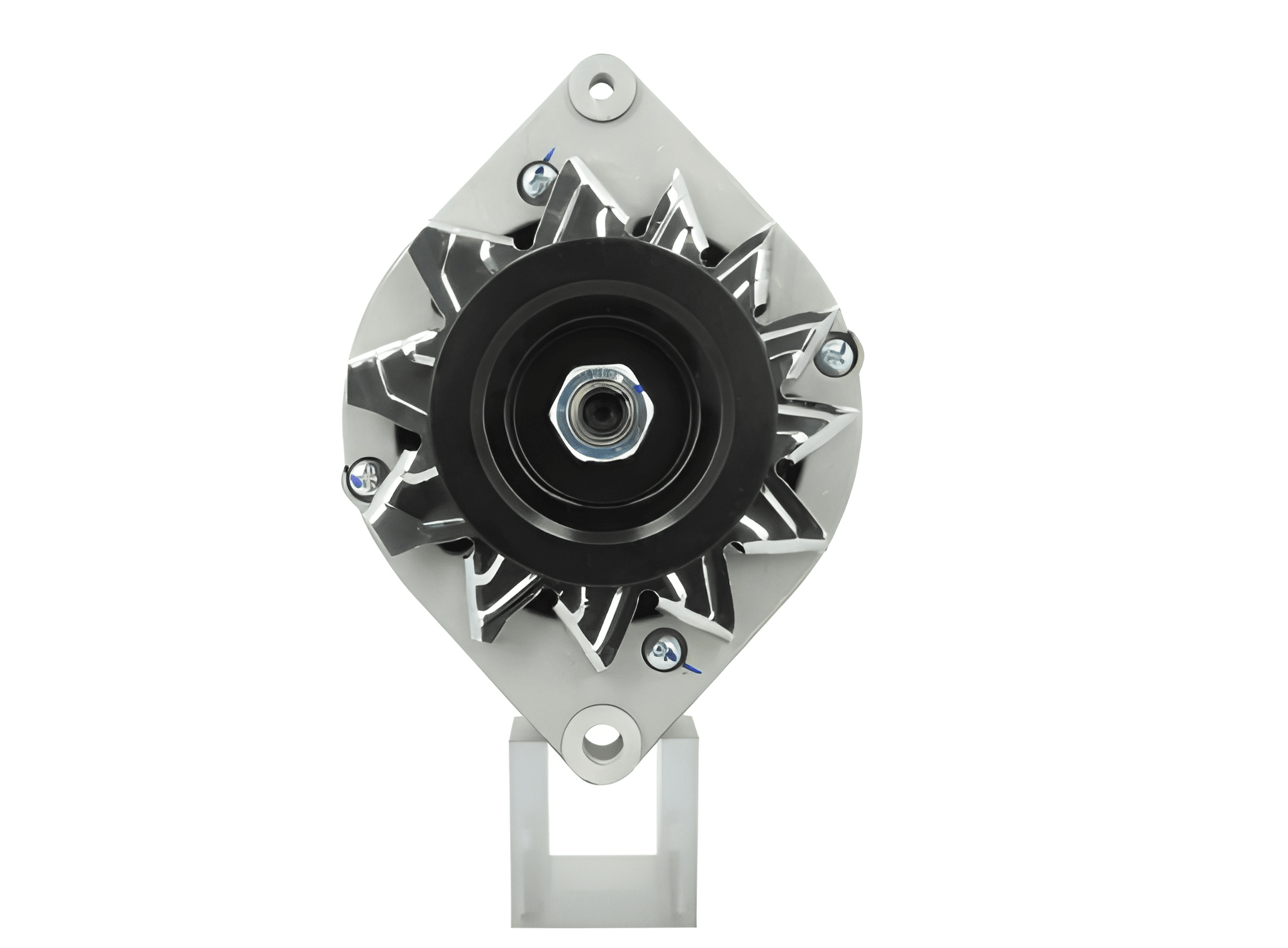 front view of A new 12V, 95A aftermarket alternator with a gray case, black free wheel pulley, and silver mounting hardware.  Fits Case, New Holland, John Deere, JCB vvehicles