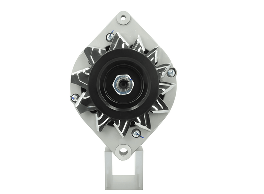 front view of A new 12V, 95A aftermarket alternator with a gray case, black free wheel pulley, and silver mounting hardware.  Fits Case, New Holland, John Deere, JCB vvehicles