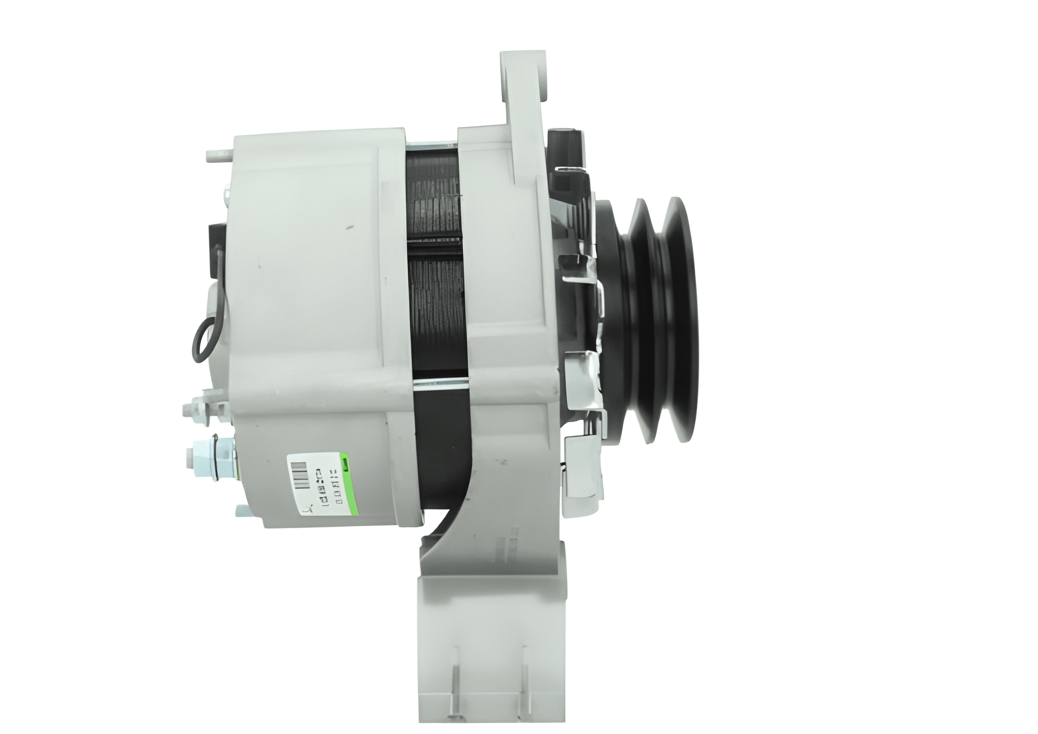 side view of A new 12V, 95A aftermarket alternator with a gray case, black free wheel pulley, and silver mounting hardware.  Fits Case, New Holland, John Deere, JCB vvehicles