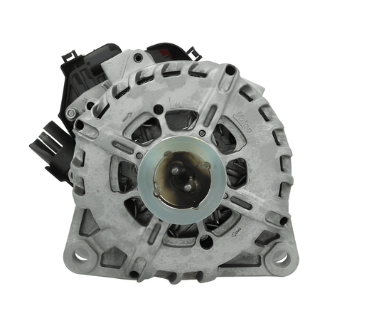 front view of A new 12V 180A aftermarket alternator with a silver finish and multiple electrical connectors. on a white background