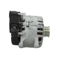 side profile of A new 12V 180A aftermarket alternator with a silver finish and multiple electrical connectors. on a white background