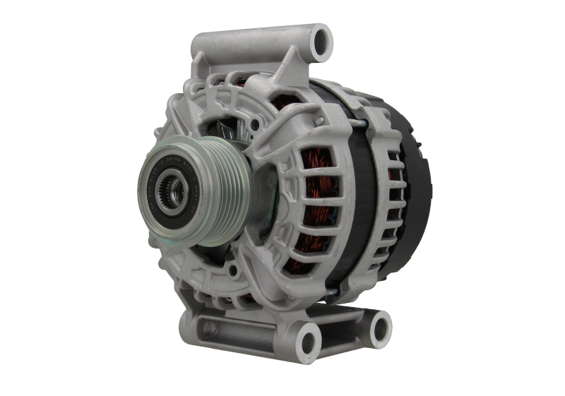 A new aftermarket alternator for Citroën, Peugeot, Ford and Fiat vehicles, featuring a metallic body with a pulley and connectors. on a white background