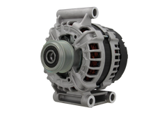 A new aftermarket alternator for Citroën, Peugeot, Ford and Fiat vehicles, featuring a metallic body with a pulley and connectors. on a white background