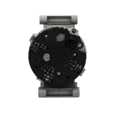 rear view of A new aftermarket alternator for Citroën, Peugeot, Ford and Fiat vehicles, featuring a metallic body with a pulley and connectors. on a white background