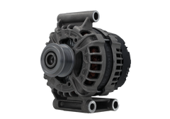 A new 12V 180 Amp aftermarket alternator for Citroën/Peugeot and ford vehicles, featuring a black color, multiple mounting holes, and a free wheel pulley.