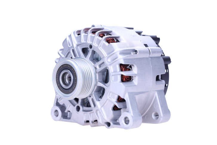 A new aftermarket alternator for Citroën/Peugeot vehicles, showing the front view with multiple components and wiring.