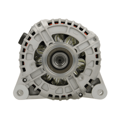 front view of A new aftermarket alternator for Citroën/Peugeot vehicles, featuring a metal body with mounting holes and a free wheel pulley. on a white background