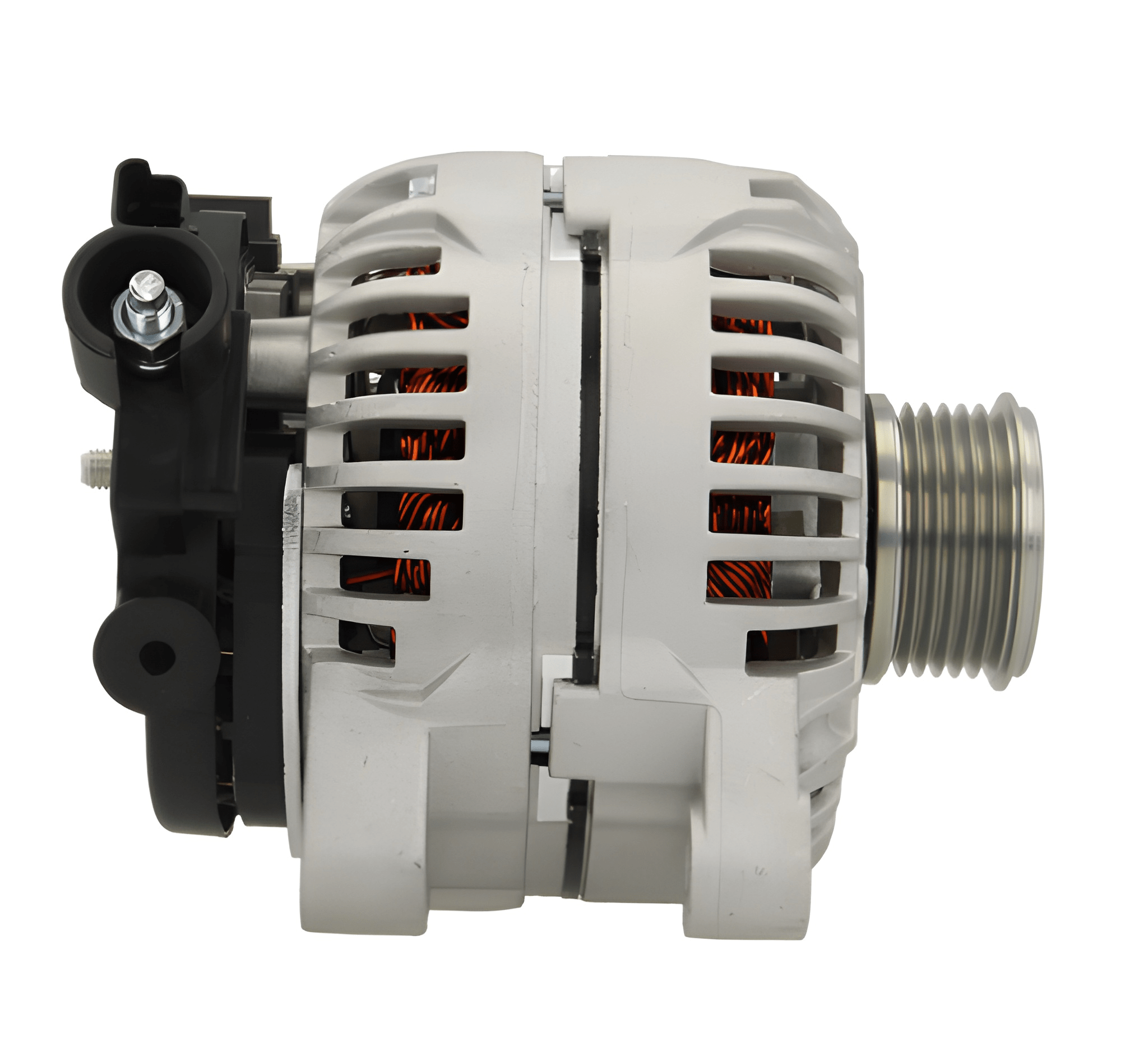 side oview of A new aftermarket alternator for Citroën/Peugeot vehicles, featuring a metal body with mounting holes and a free wheel pulley. on a white background