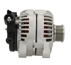 side oview of A new aftermarket alternator for Citroën/Peugeot vehicles, featuring a metal body with mounting holes and a free wheel pulley. on a white background
