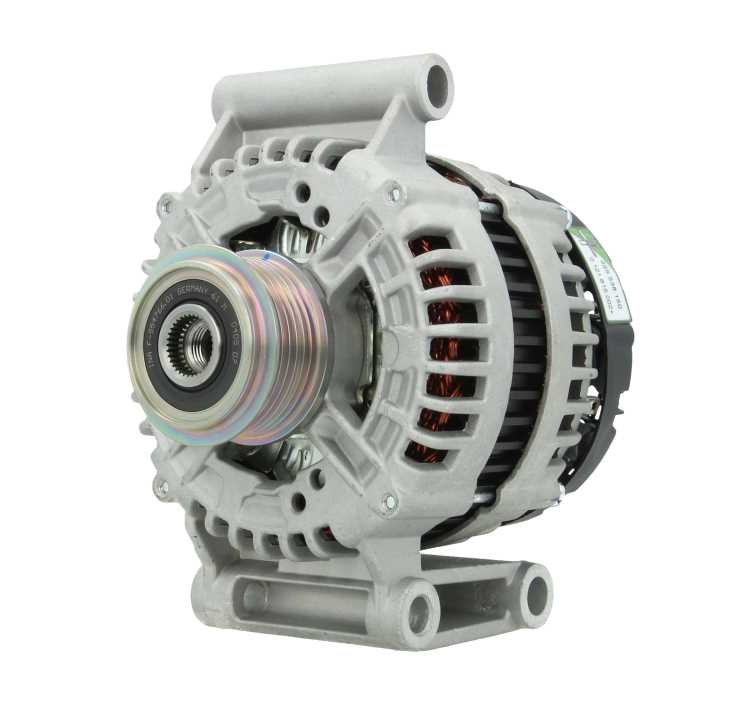 A new aftermarket alternator for Citroën, Peugeot, ford and fiat vehicles, featuring a metal body with a gray and silver color scheme, multiple components, and a free wheel pulley. on a white background