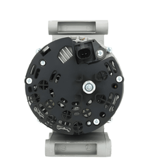 A new aftermarket alternator for Citroën, Peugeot, ford and fiat vehicles, featuring a metal body with a gray and silver color scheme, multiple components, and a free wheel pulley. on a white background