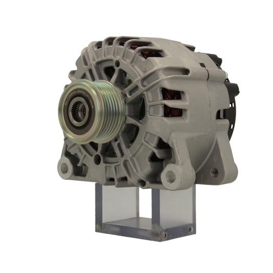 A new 12V aftermarket alternator 150amps for Citroën / Peugeot, vauxhall / opel and mitsubishi vehicles, displaying the front view with a pulley and mounting holes visible.