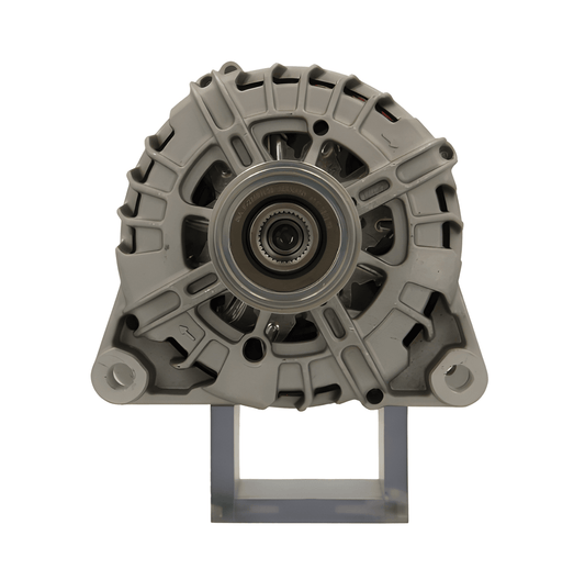 front view of A new 12V aftermarket alternator 150amps for Citroën / Peugeot, vauxhall / opel and mitsubishi vehicles, displaying the front view with a pulley and mounting holes visible.
