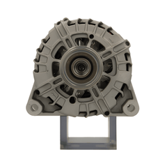 front view of A new 12V aftermarket alternator 150amps for Citroën / Peugeot, vauxhall / opel and mitsubishi vehicles, displaying the front view with a pulley and mounting holes visible.