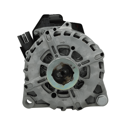 A new aftermarket alternator for Citroën/Peugeot/toyota/opel vehicles, featuring a metallic body with mounting holes and electrical connectors. on a white background