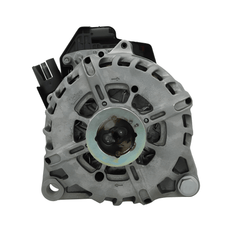 A new aftermarket alternator for Citroën/Peugeot/toyota/opel vehicles, featuring a metallic body with mounting holes and electrical connectors. on a white background