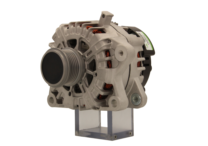 angled view of A Ford 220A alternator, showing the front view with mounting holes and electrical connectors on a white background