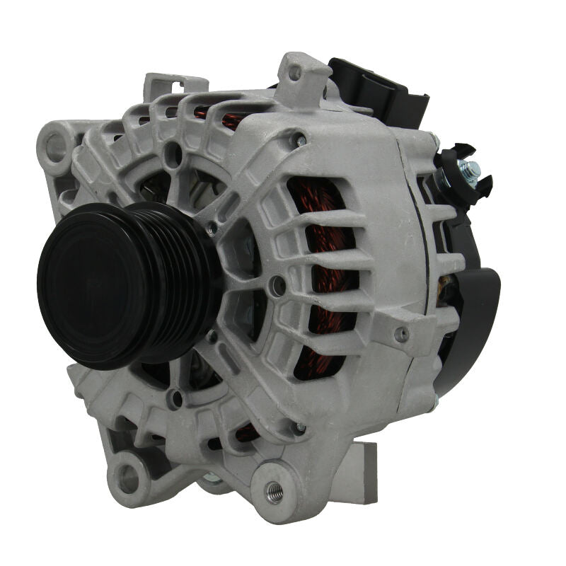 A new aftermarket alternator for Ford vehicles, with metal body and black components visible.